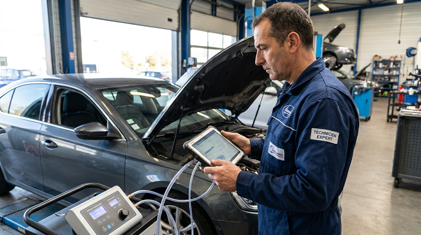 Technicien spécialisé décalaminage en intervention avec scanner OBD